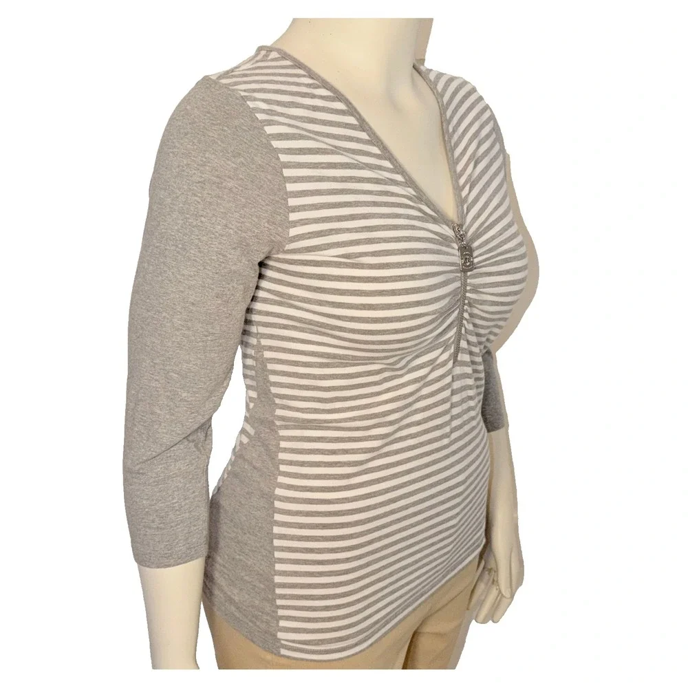 Michael Kors Top Blouse Womens L Gray White Stripe 1/2 Zip V-Neck  3/4 Sleeve